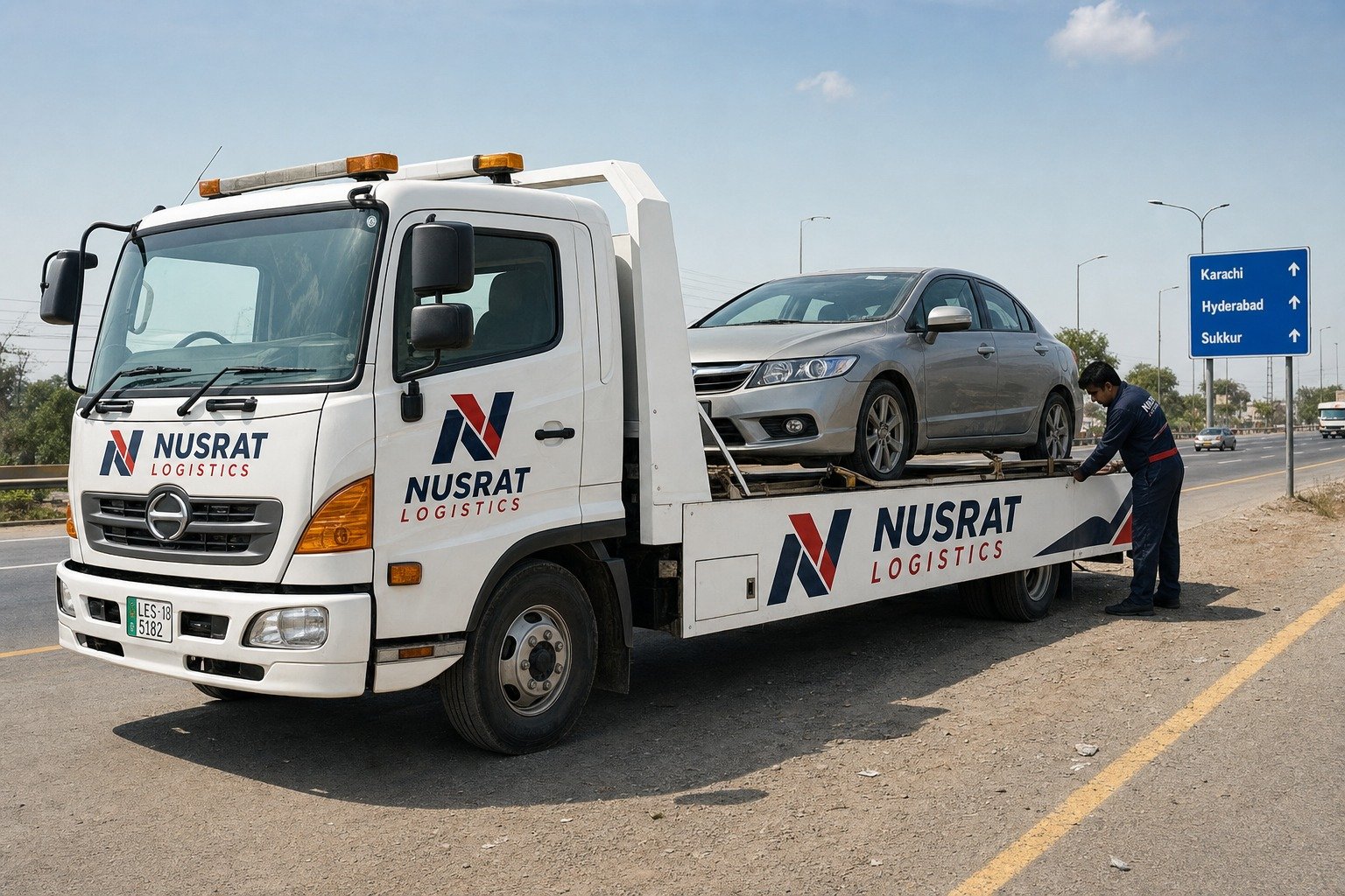 Highway recovery truck assisting a vehicle on the roadside